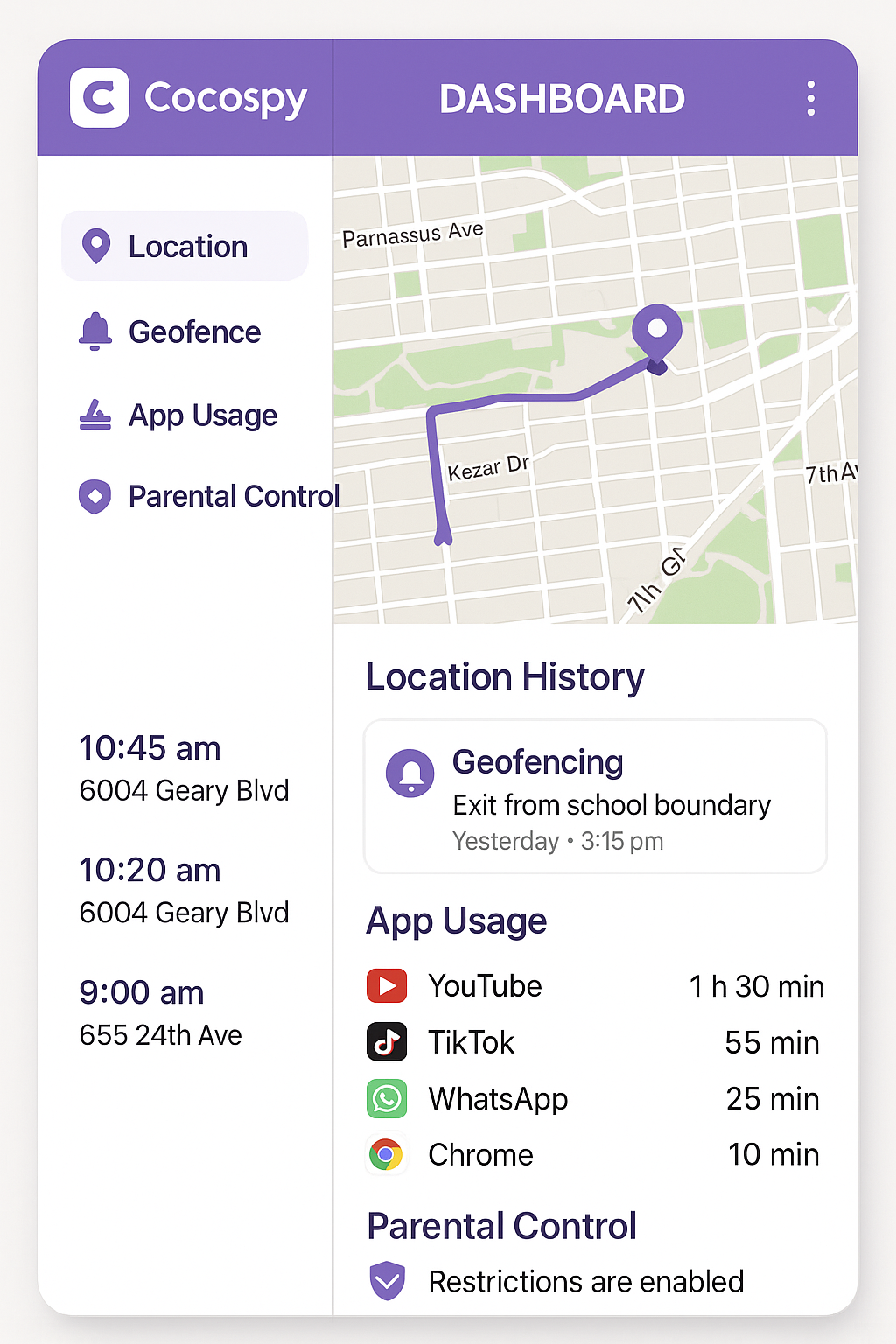 Cocospy family-friendly phone tracker app interface showing location history, geofencing alerts, and parental control features