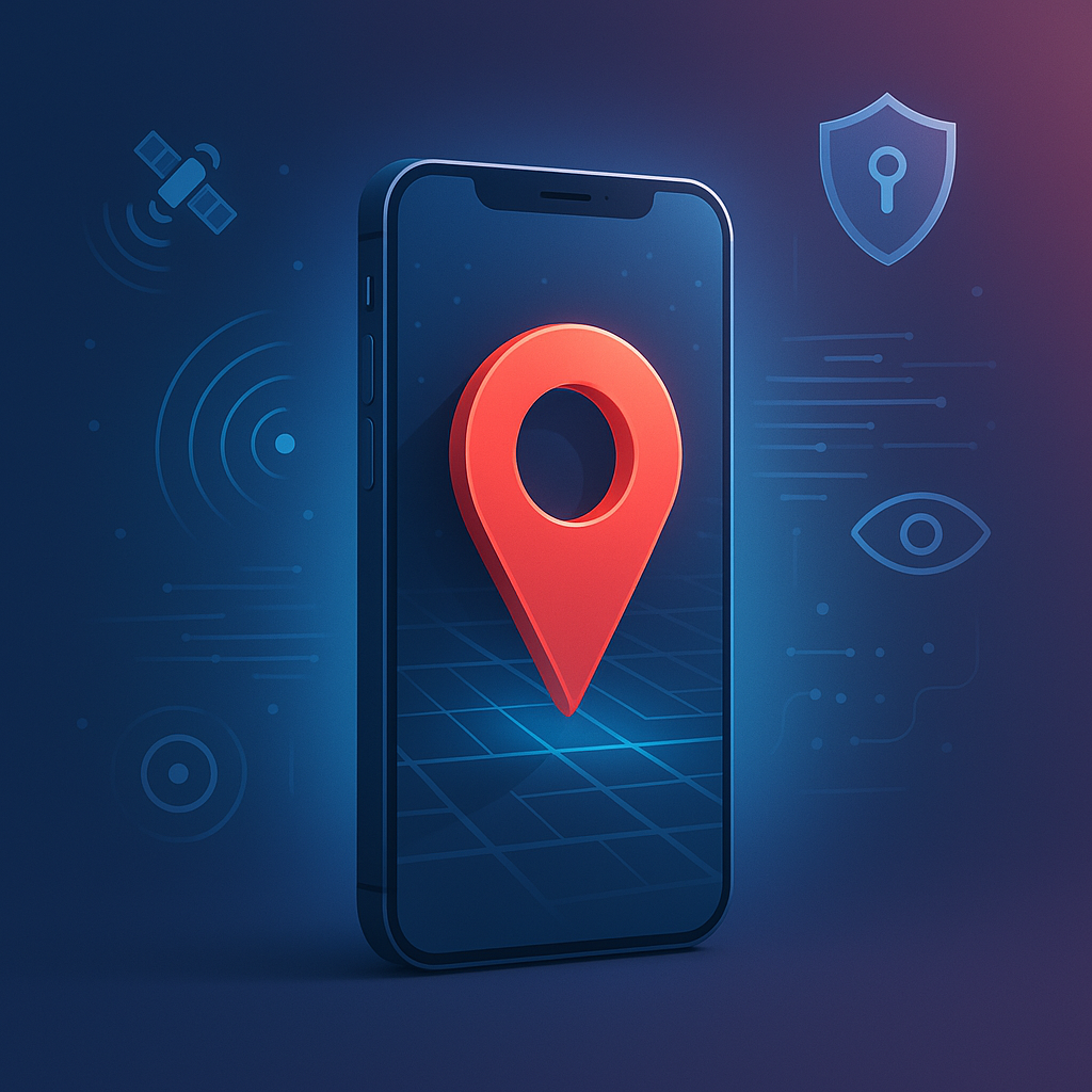 Modern smartphone displaying location tracking interface with GPS and monitoring features