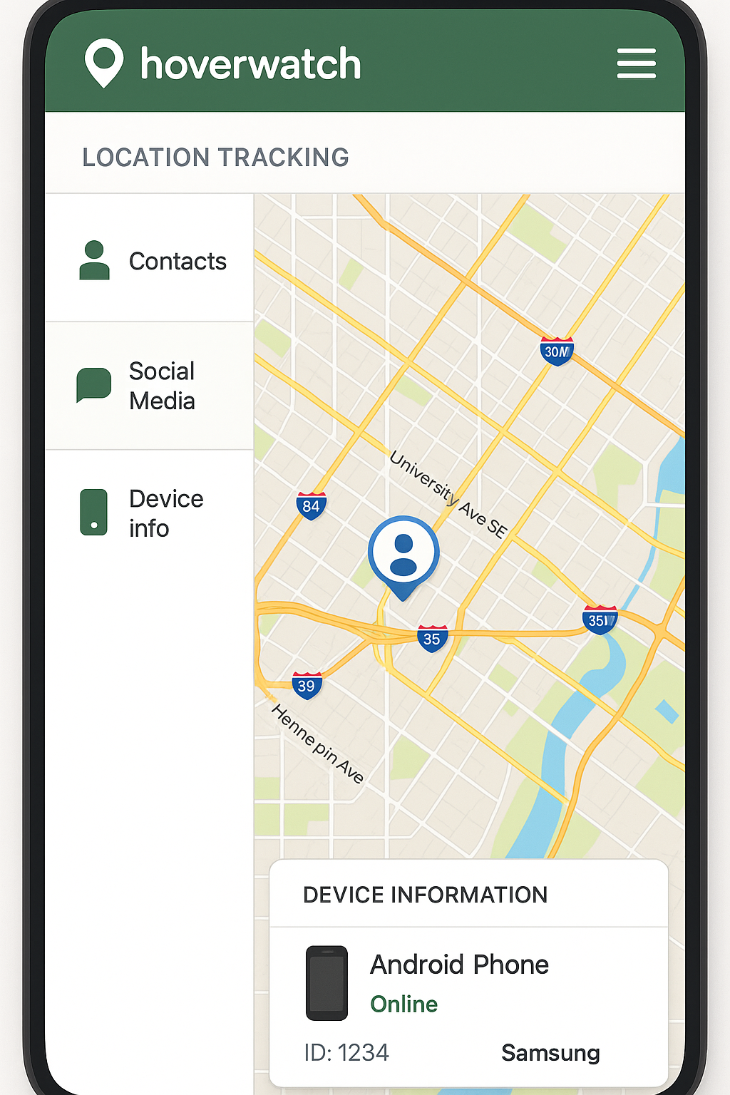 Hoverwatch phone tracker interface showing GPS location tracking on map and device information panel