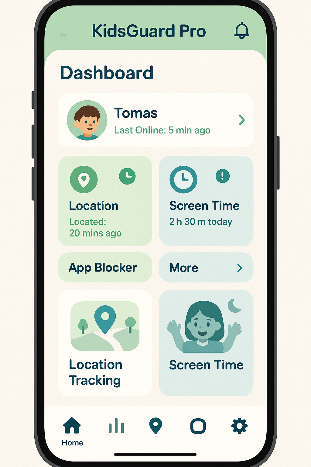 KidsGuard Pro family-friendly interface showing parental control dashboard with location tracking and screen time management