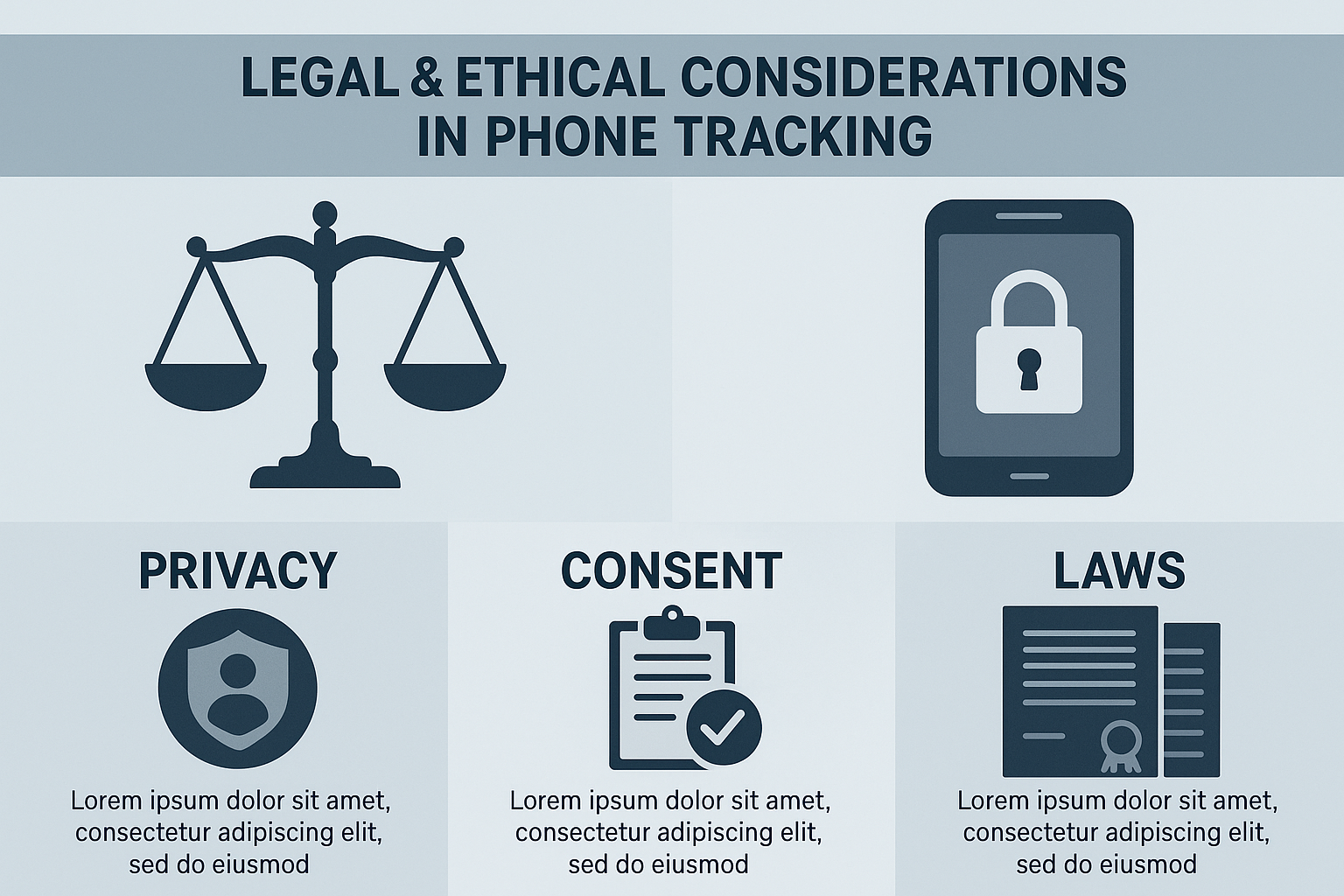 Infographic showing legal scales, privacy symbols, consent documents, and ethical guidelines for phone tracking compliance