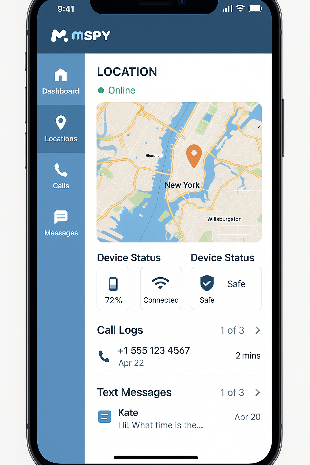 Screenshot of phone tracker dashboard showing location tracking map, device status indicators, and monitoring features