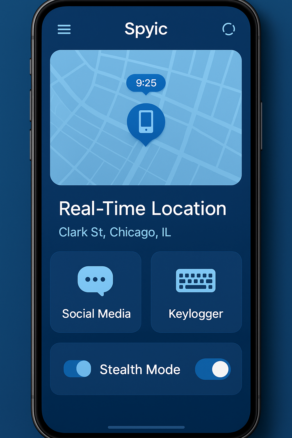 Spyic phone tracking application interface displaying real-time location tracking, social media monitoring, and stealth mode controls