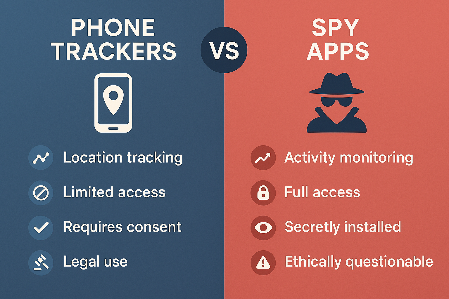 Comparison infographic showing differences between phone trackers and spy apps with feature icons and visual distinctions