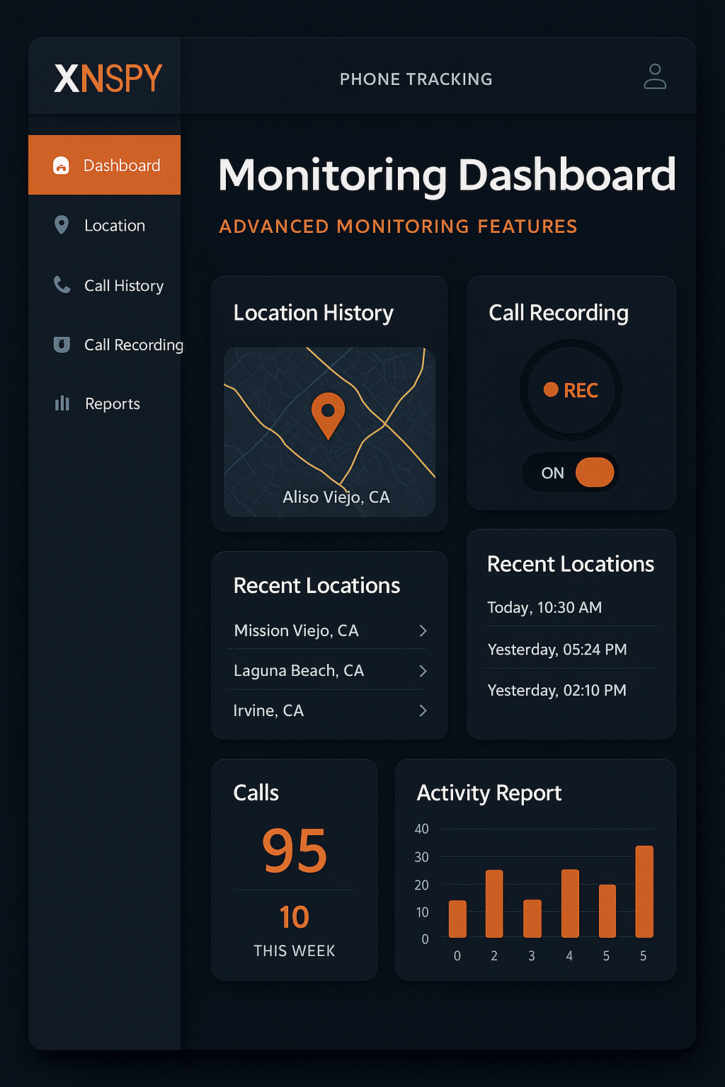 XNSPY professional phone tracking application interface with advanced monitoring features, location history, call recording controls, and comprehensive activity reports
